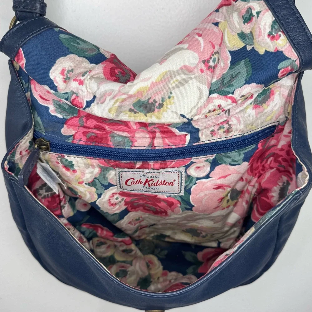 Cath Kidston Blue Leather Handbag W Floral Fabric Lining Cross Shoulder Handbag